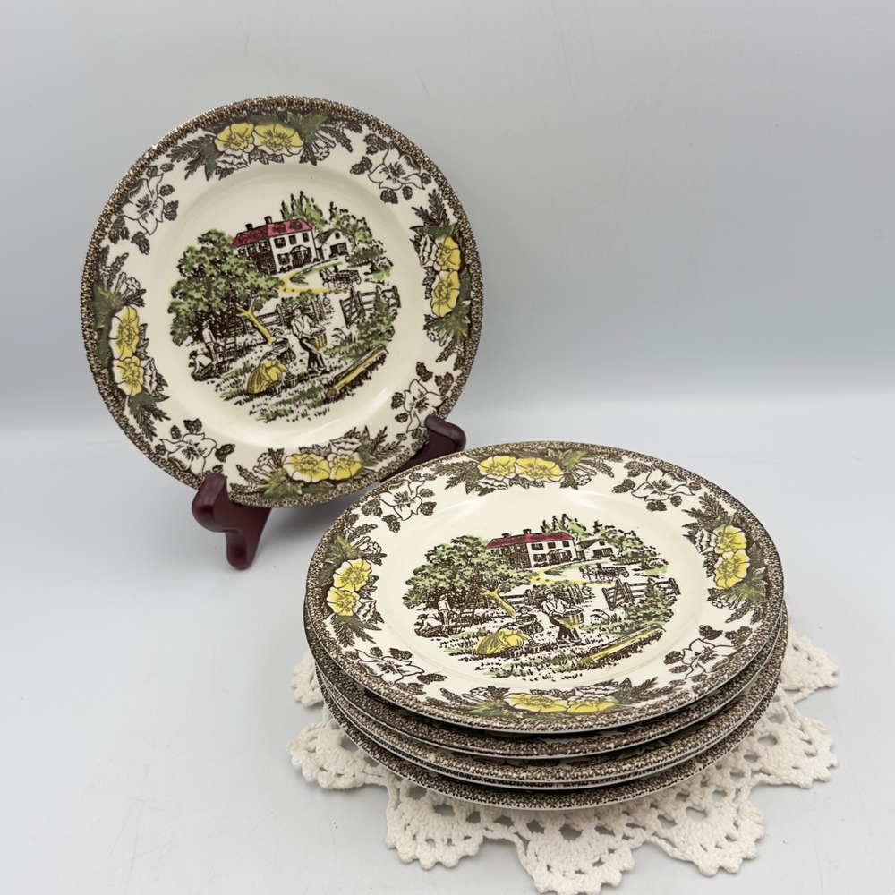 Royal China Fair Oaks Brown Yellow Plate Set 6 Vintage 6.25" Farmhouse Decor